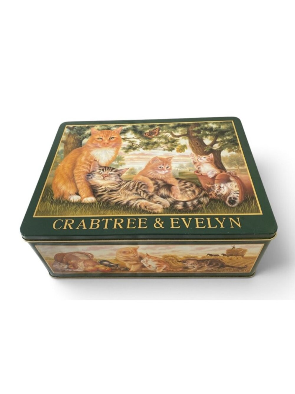 Vtg Crabtree & Evelyn London Collectible Tin Ft. Beautiful Cat Family Art 1993